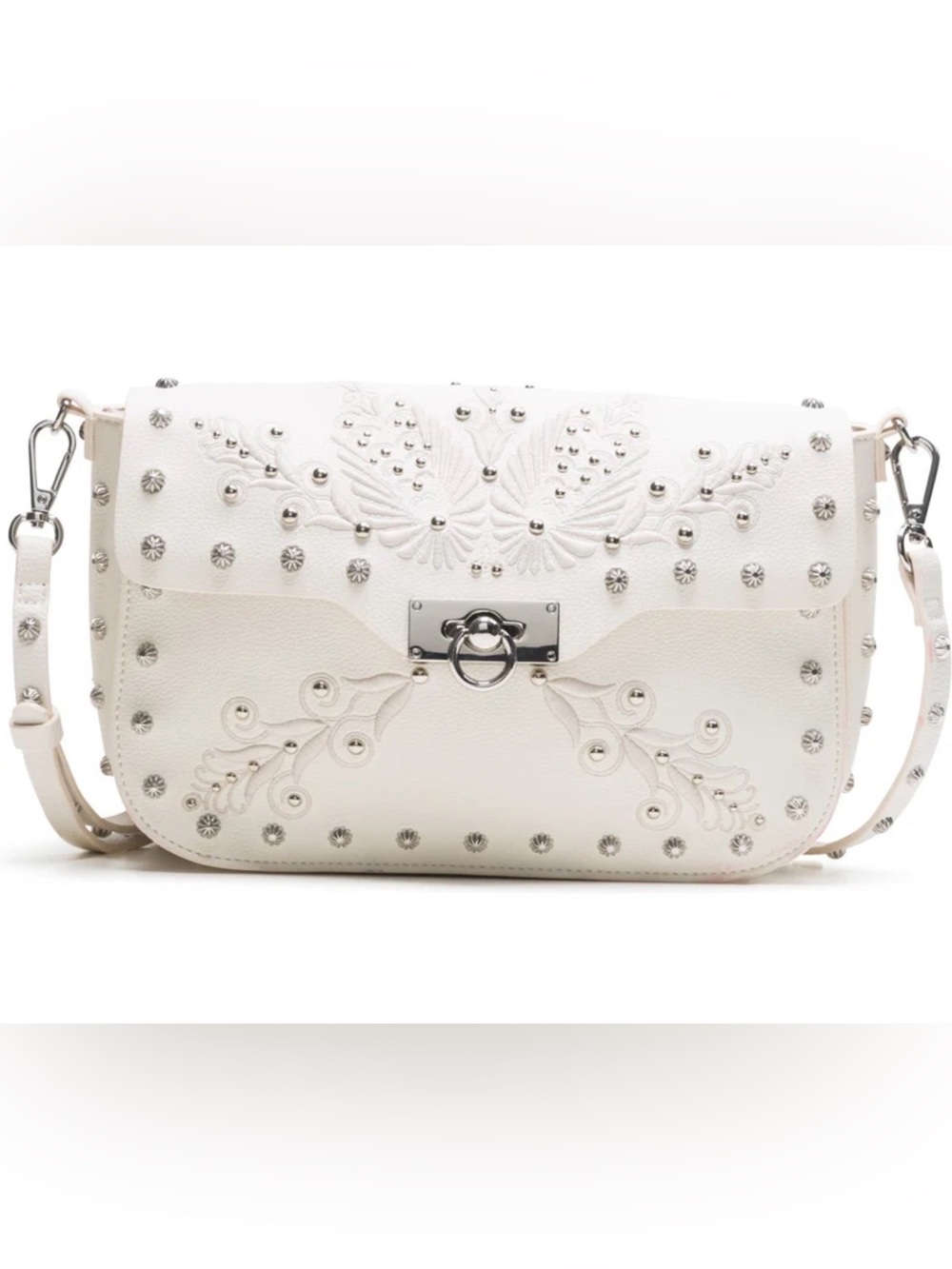 Desigual Butterfly Embroidered Studded Crossbody Messenger Bag White